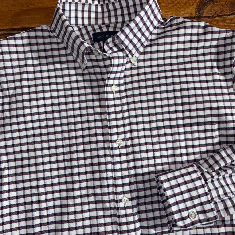 Lands End Mens Shirt MED Traditional Fit Long Sleeve Gingham Button Down Preppy